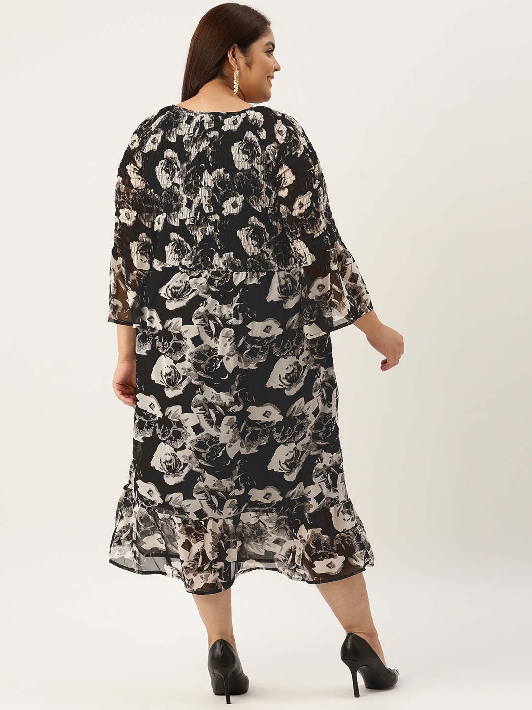 Women's Plus Size Black Rose Printed Smocked Georgette A-Line Midi Dress