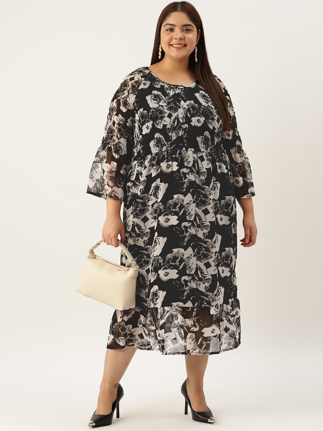 Women's Plus Size Black Rose Printed Smocked Georgette A-Line Midi Dress