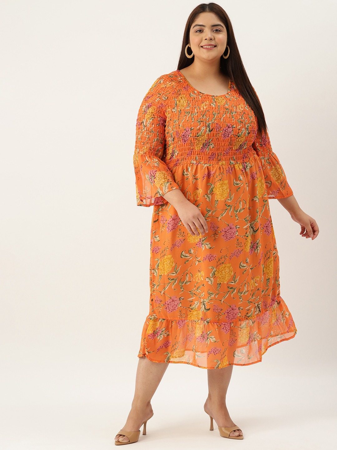 Women's Plus Size Orange Floral Printed Georgette A-Line Midi Dress