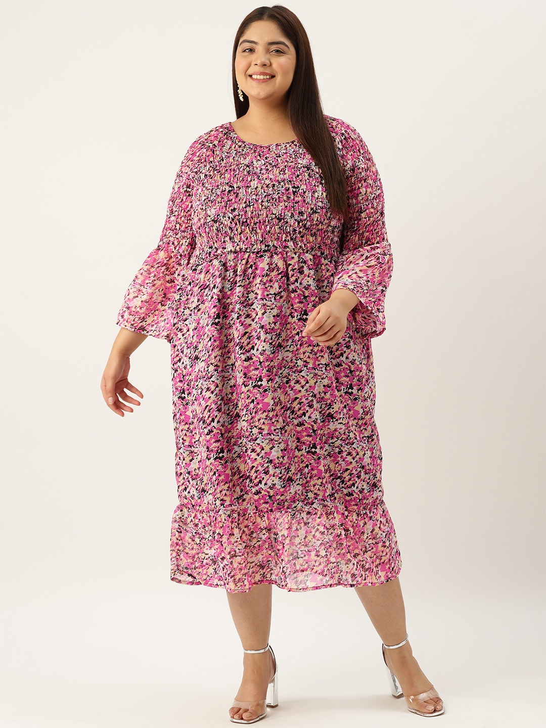 Women's Plus Size Pink Abstract Printed Georgette A-Line Midi Dress