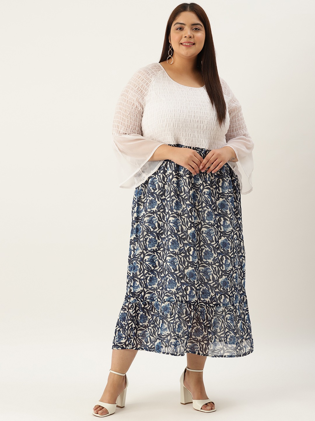 Women's Plus Size White Solid Color Smocked Georgette A-Line Midi Dress