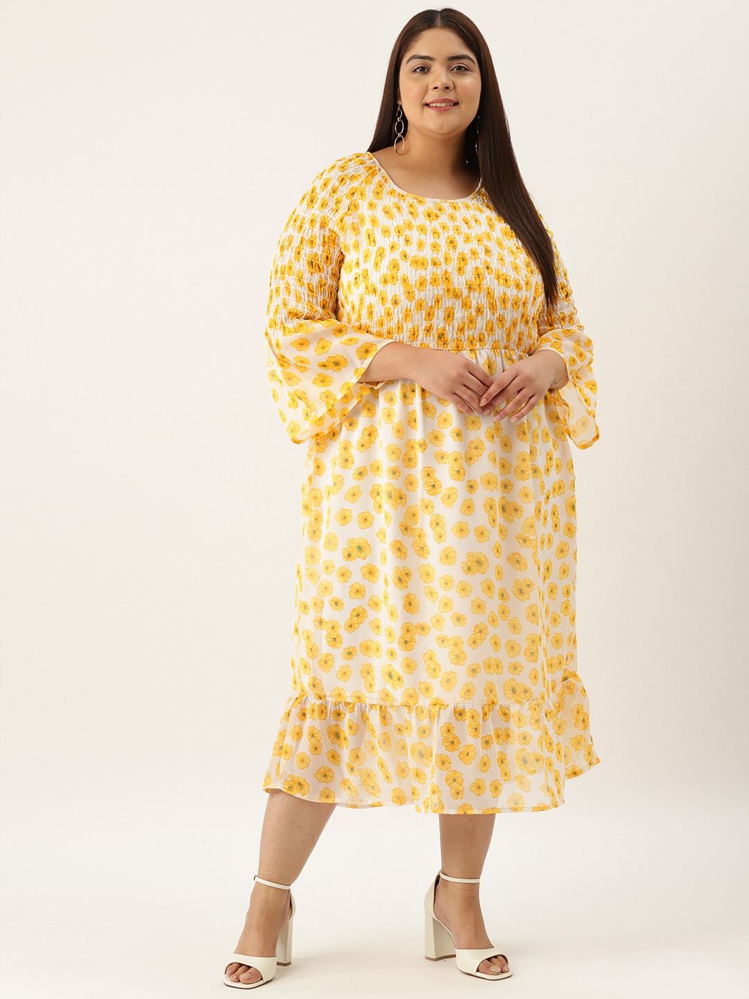 Women's Plus Size Yellow Floral Printed Georgette A-Line Midi Dress