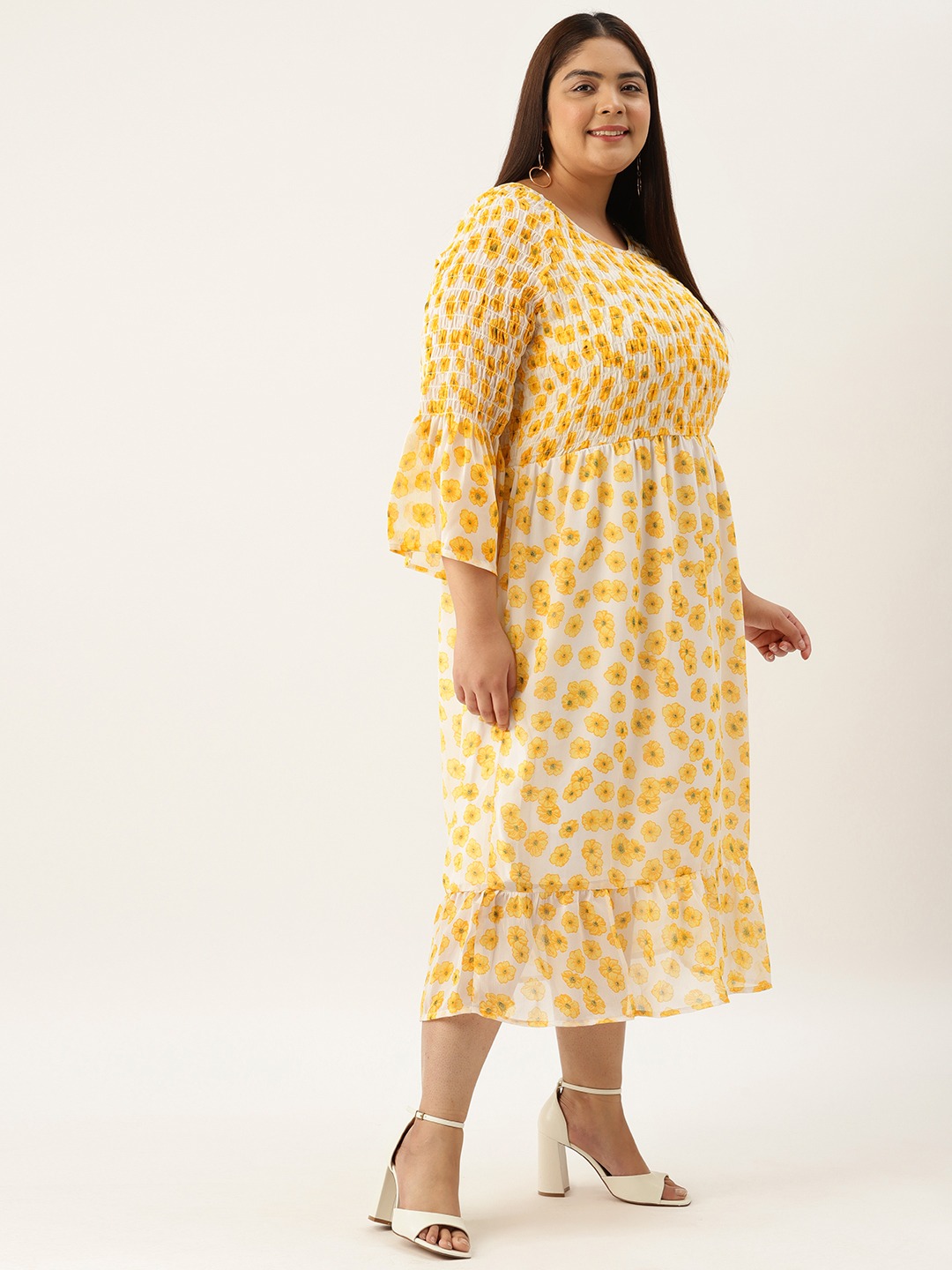 Women's Plus Size Yellow Floral Printed Georgette A-Line Midi Dress