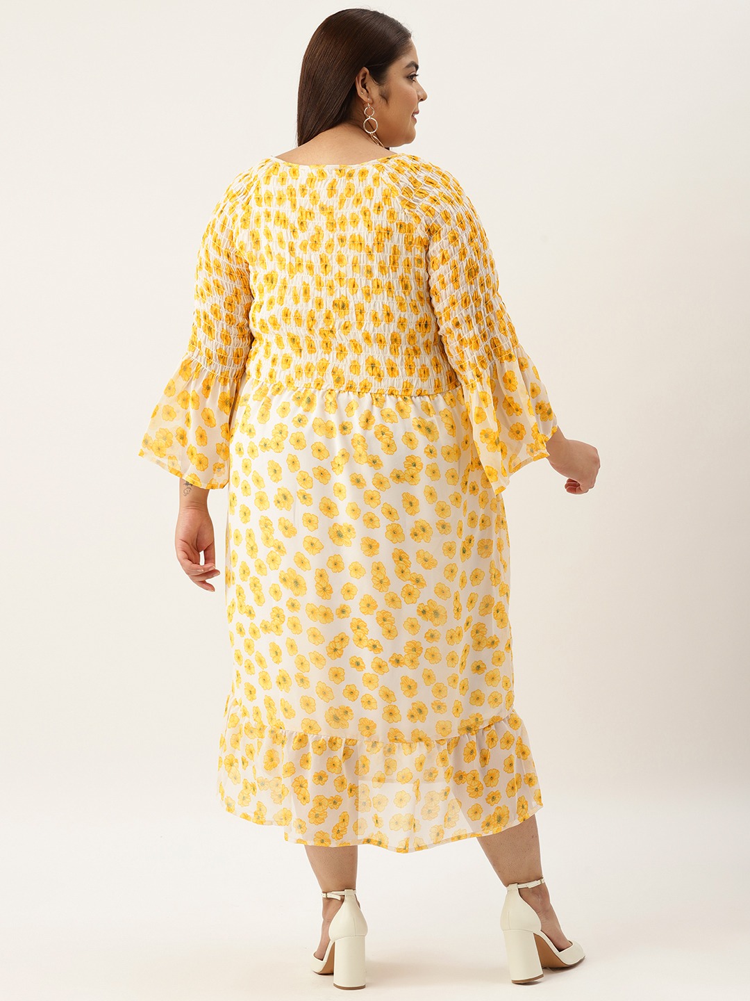 Women's Plus Size Yellow Floral Printed Georgette A-Line Midi Dress