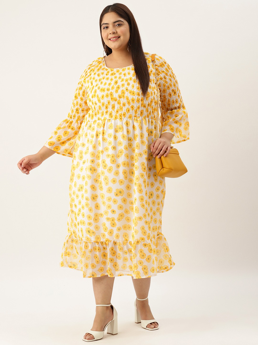 Women's Plus Size Yellow Floral Printed Georgette A-Line Midi Dress