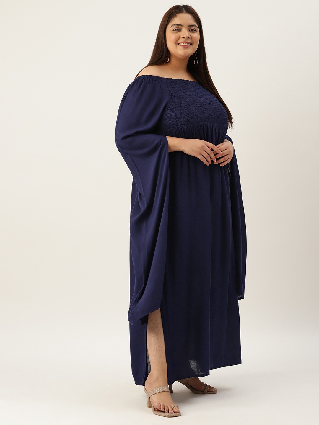 Women's Plus Size Navy Blue Solid Color Extended Sleeve Maxi Dress