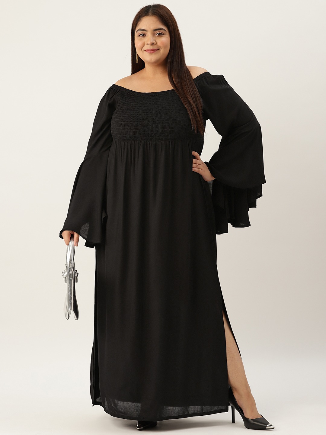 Women's Plus Size Black Solid Color Off-Shoulder Smocked Maxi Dress