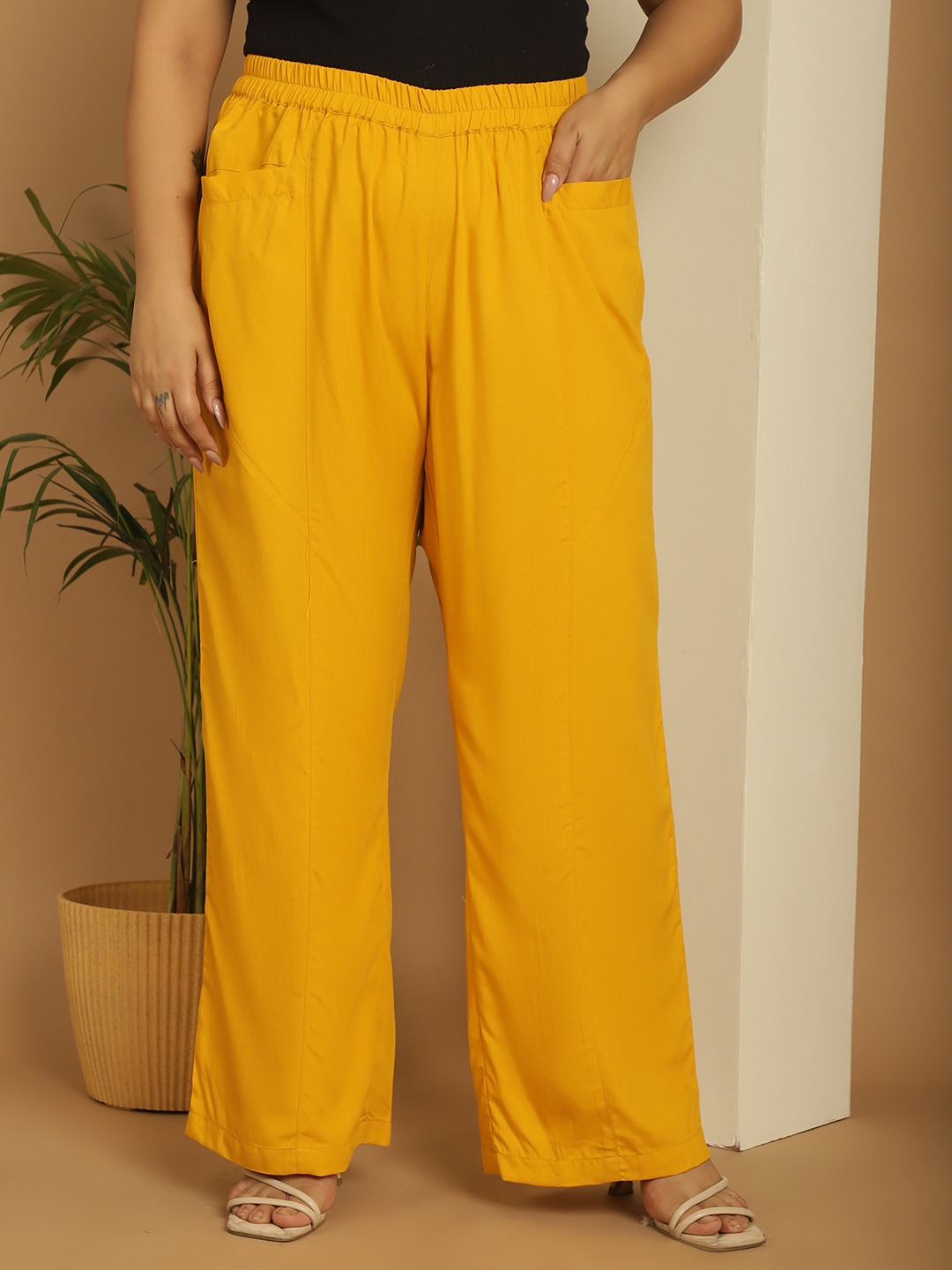 Women's Plus Size Mustard Solid Color woven flared palazzos
