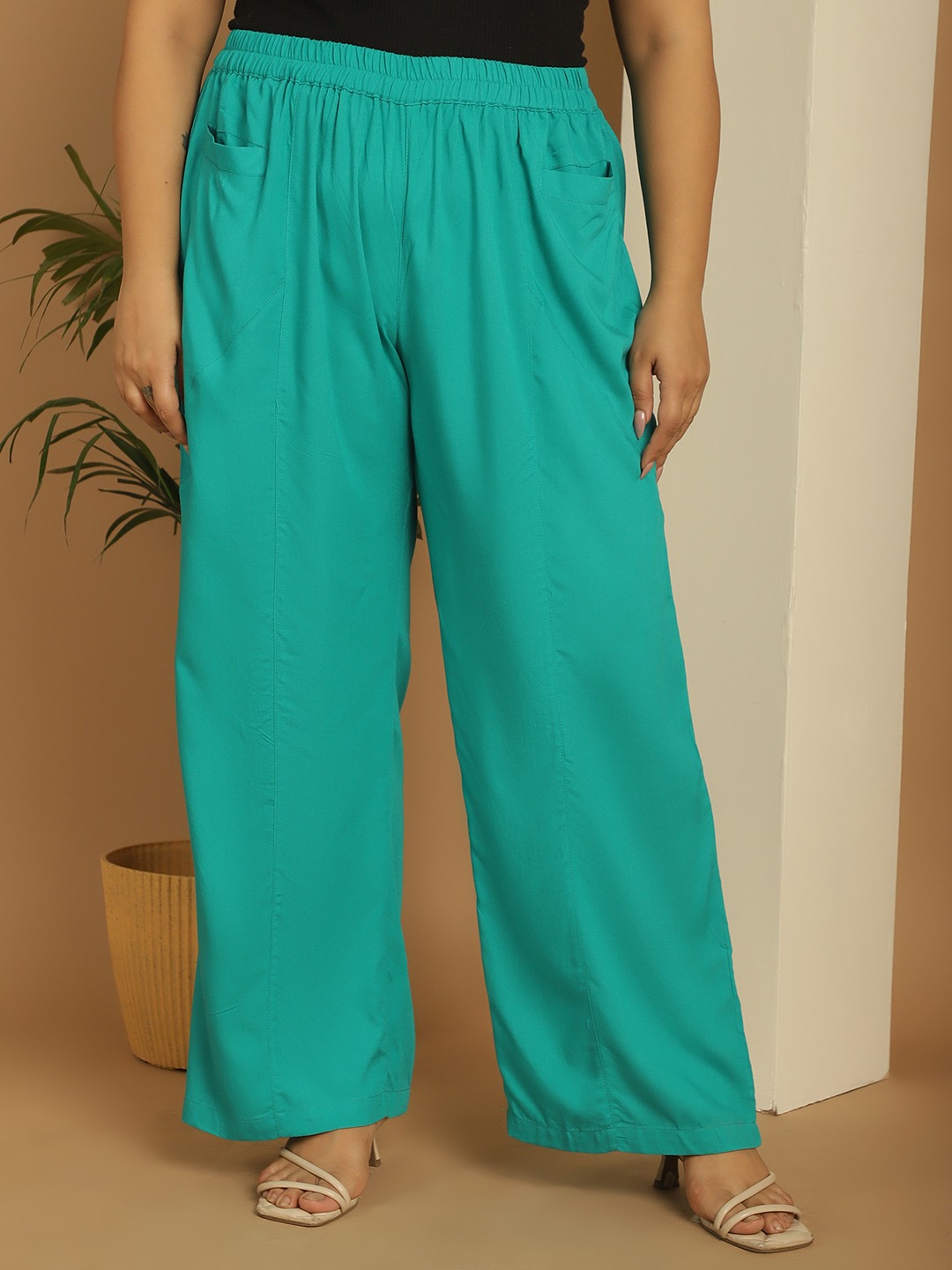 Women's Plus Size Teal Solid Color woven flared palazzos