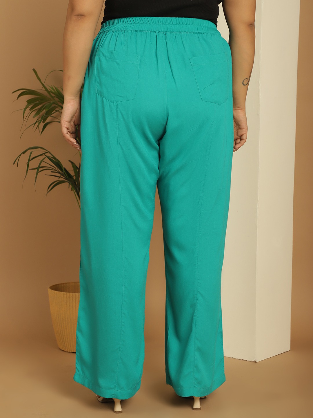 Women's Plus Size Teal Solid Color woven flared palazzos