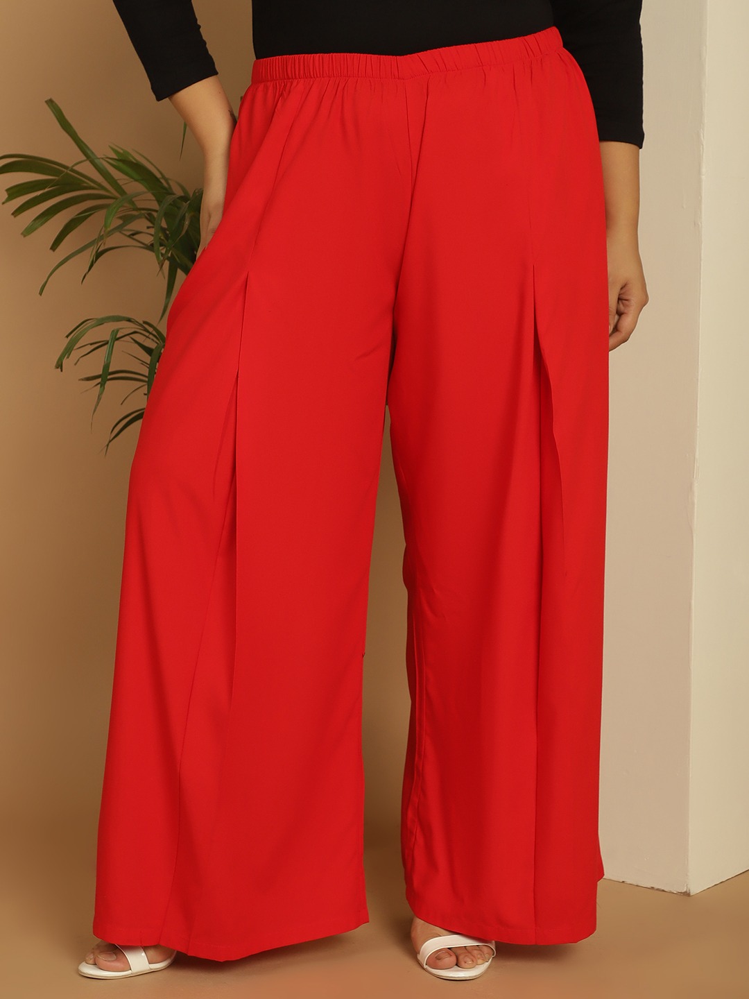Women's Plus Size Red Solid Color woven pleated palazzos