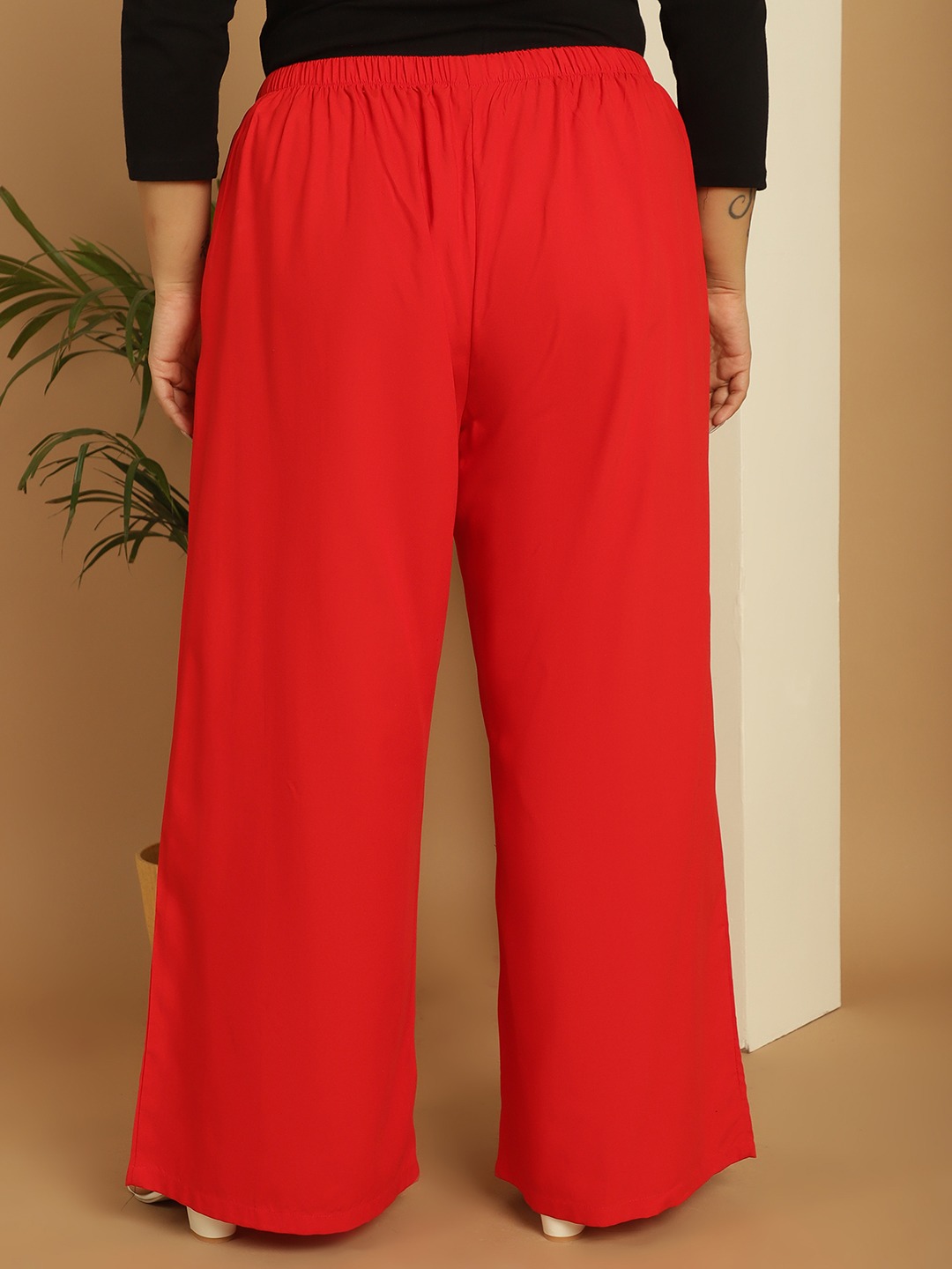 Women's Plus Size Red Solid Color woven pleated palazzos