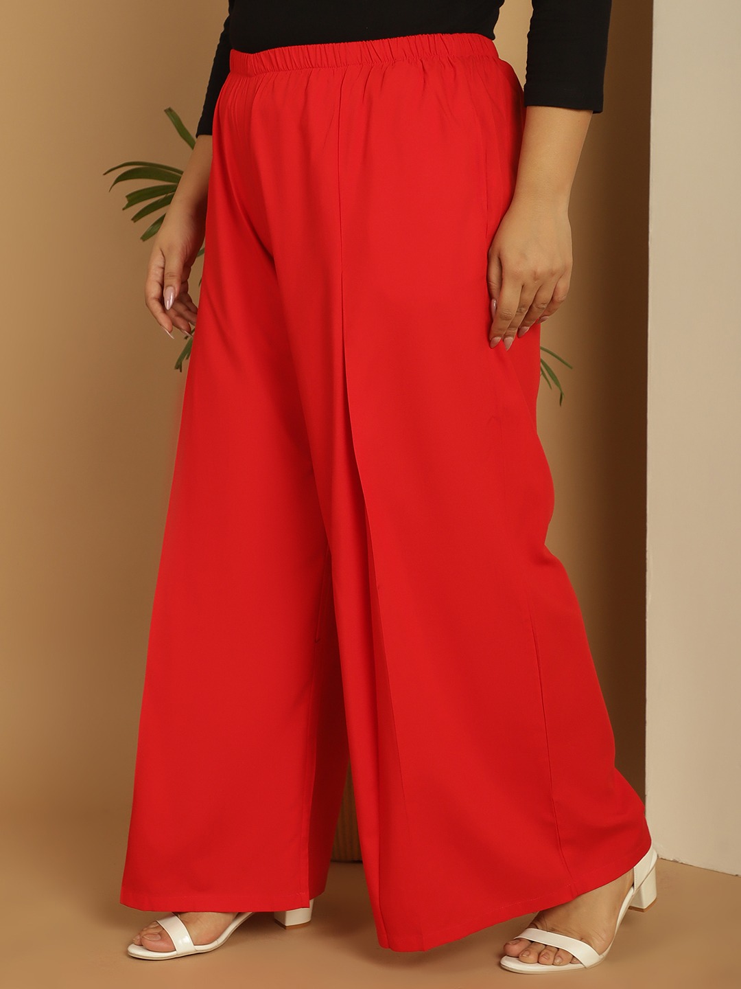 Women's Plus Size Red Solid Color woven pleated palazzos