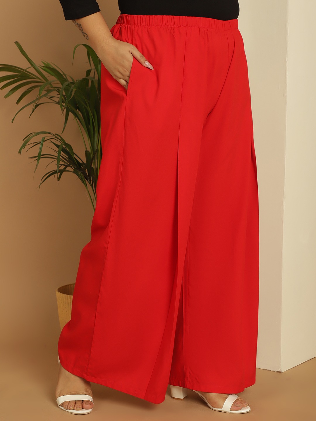 Women's Plus Size Red Solid Color woven pleated palazzos