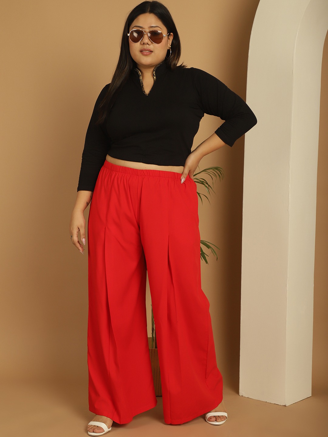 Women's Plus Size Red Solid Color woven pleated palazzos
