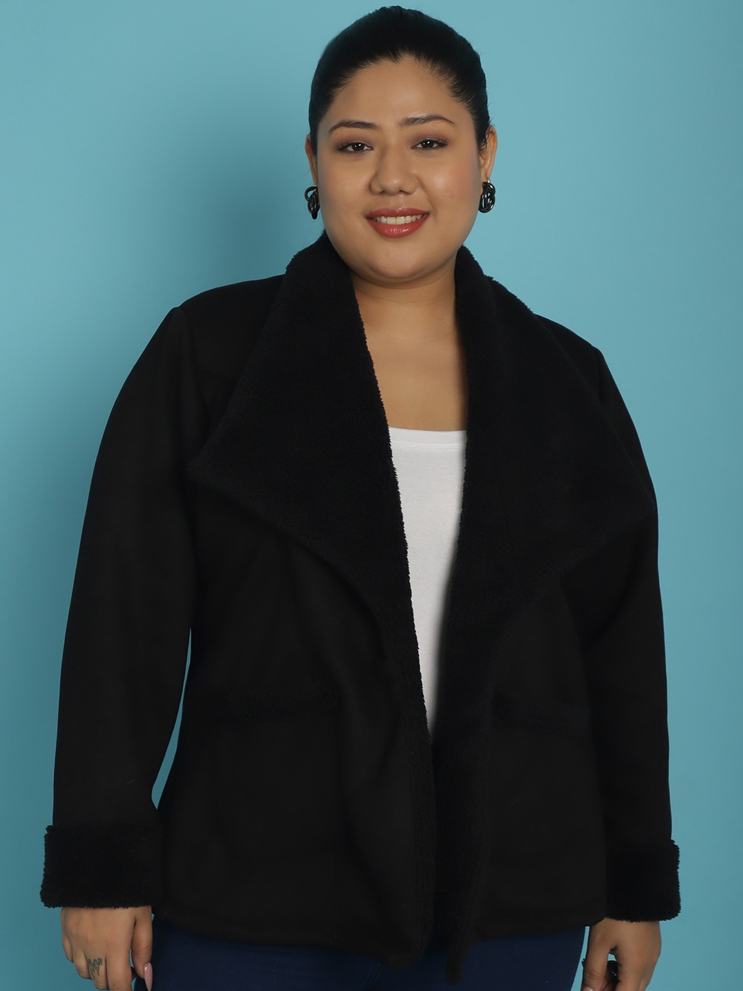 Women's Plus Size Black Solid Color bonded Fur Jacket