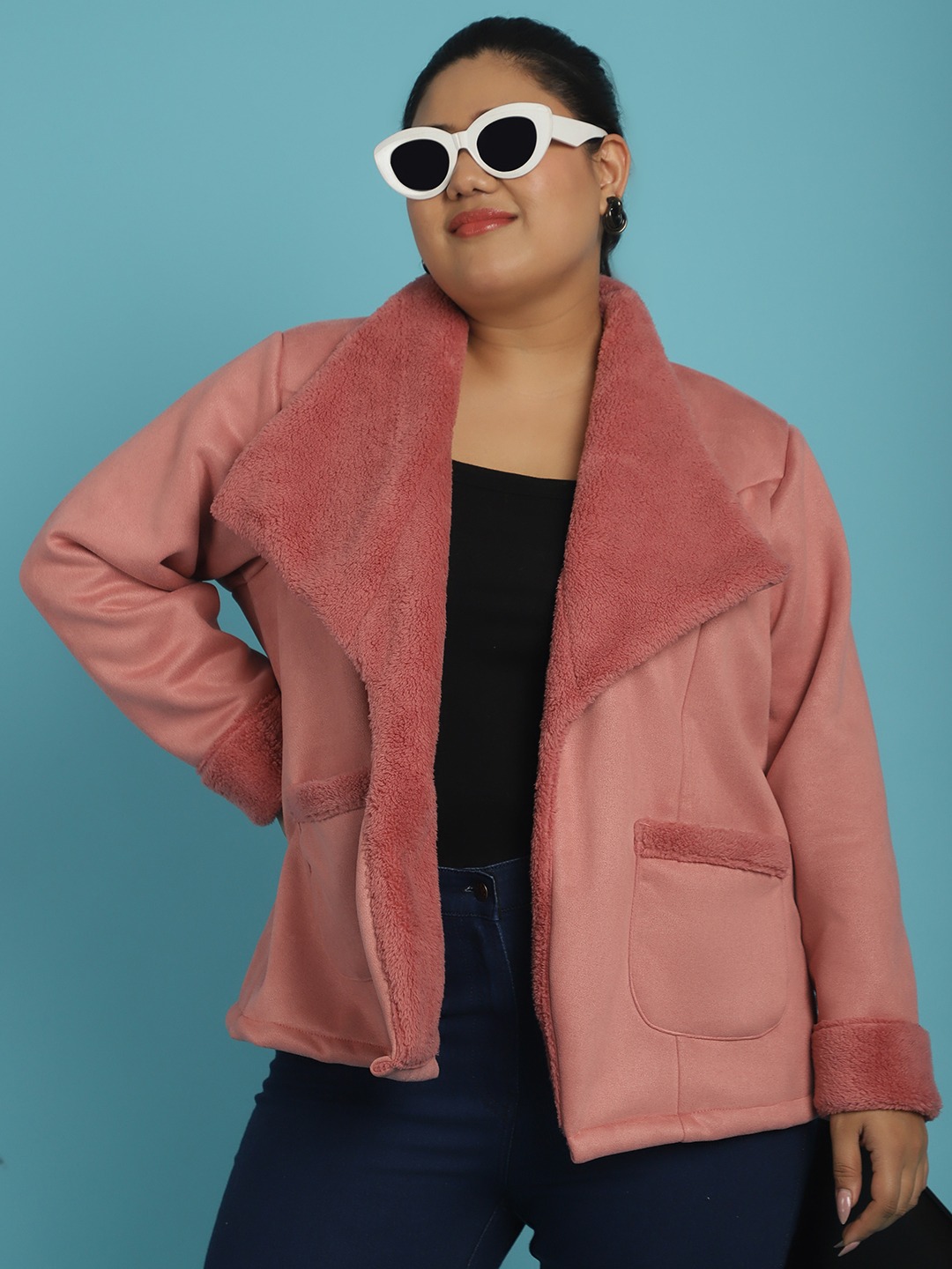 Women's Plus Size Pink Solid Color bonded Fur Jacket
