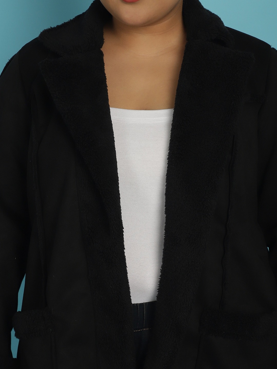 Women's Plus Size Black Solid Color bonded Fur Longline Jacket