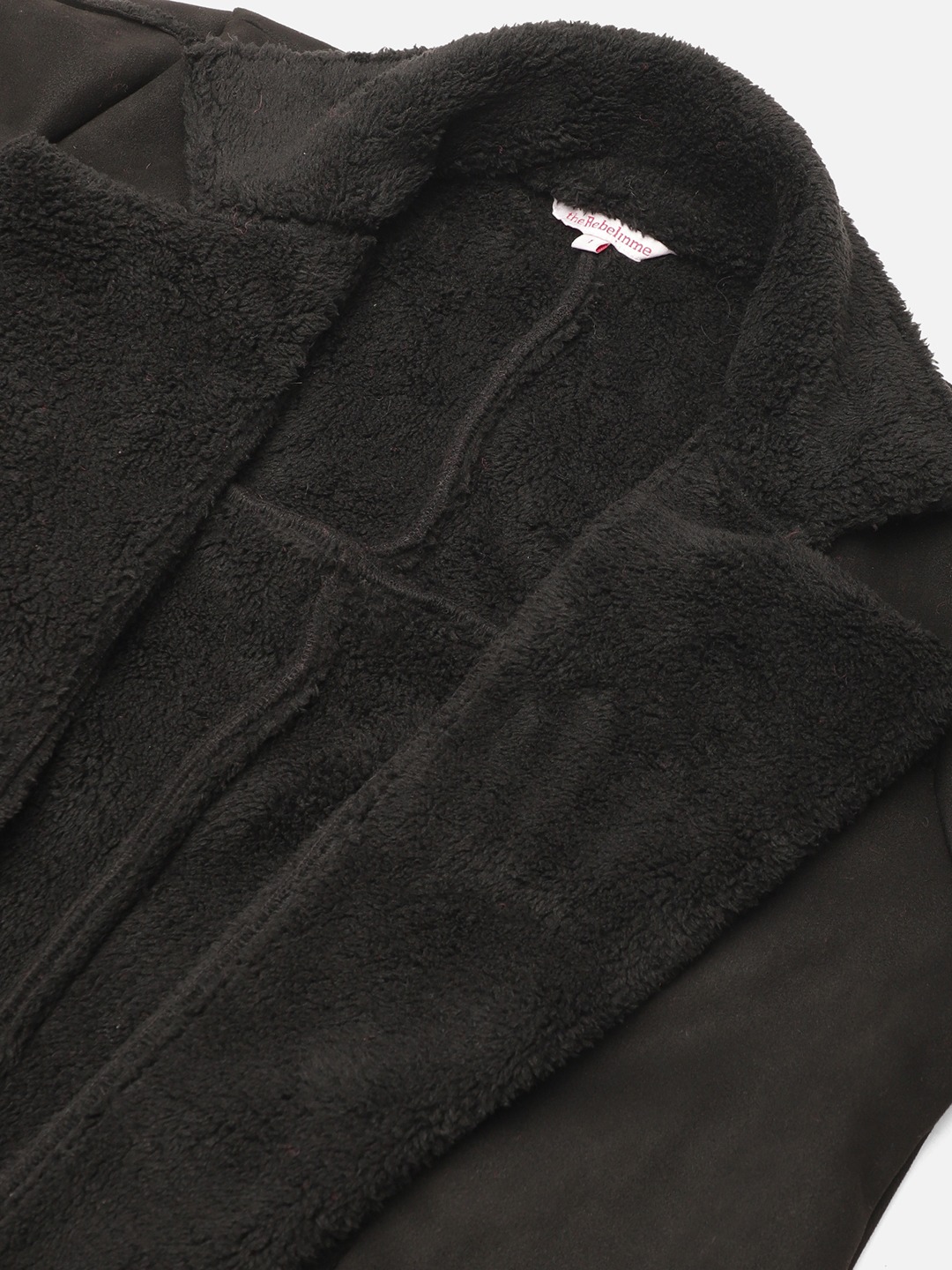 Women's Plus Size Black Solid Color bonded Fur Longline Jacket
