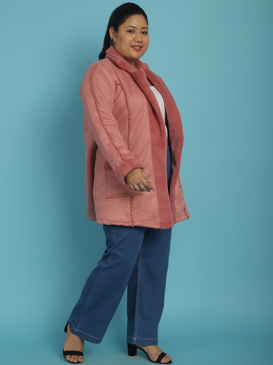 Women's Plus Size Pink Solid Color bonded Fur Longline Jacket