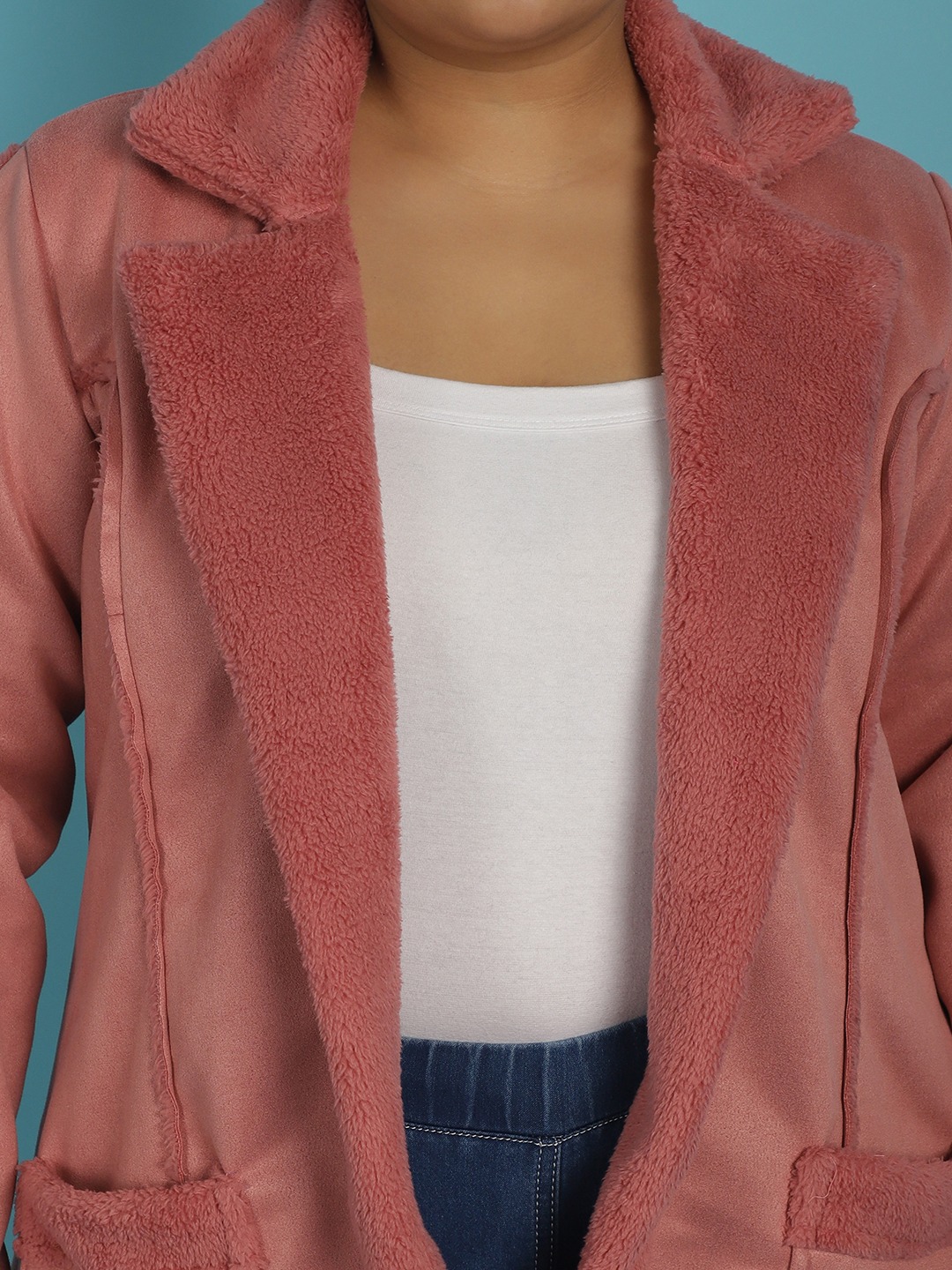 Women's Plus Size Pink Solid Color bonded Fur Longline Jacket