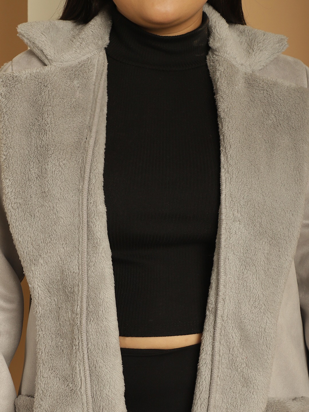 Women's Plus Size Grey Solid Color bonded Fur Longline Jacket