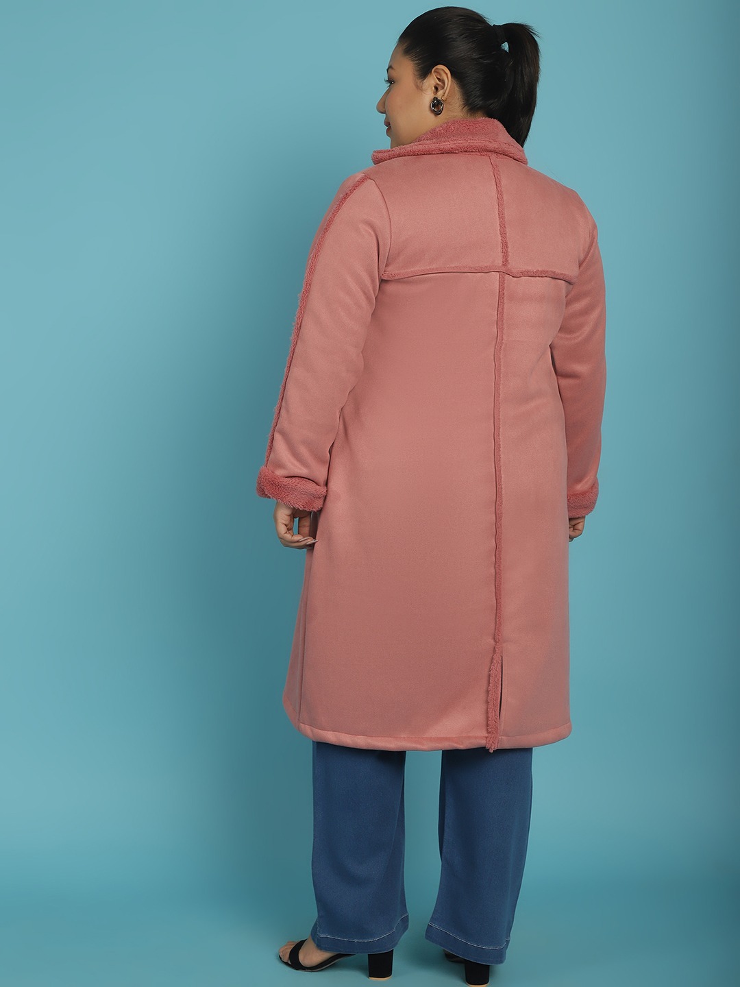 Women's Plus Size Pink Solid Color bonded Fur Longline Jacket