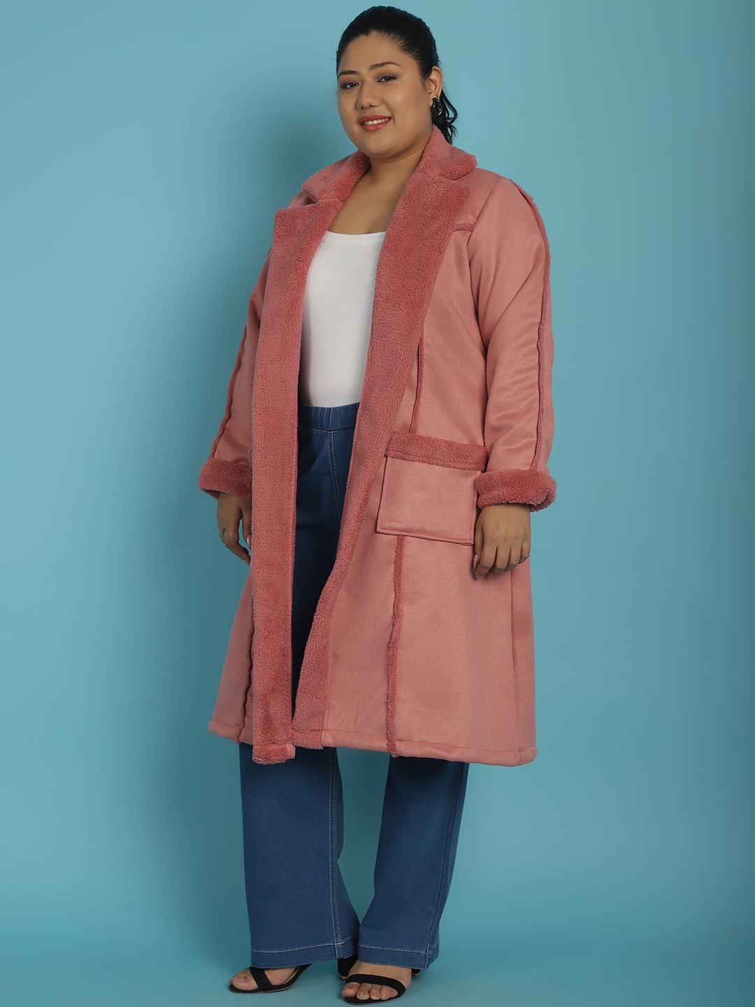 Women's Plus Size Pink Solid Color bonded Fur Longline Jacket