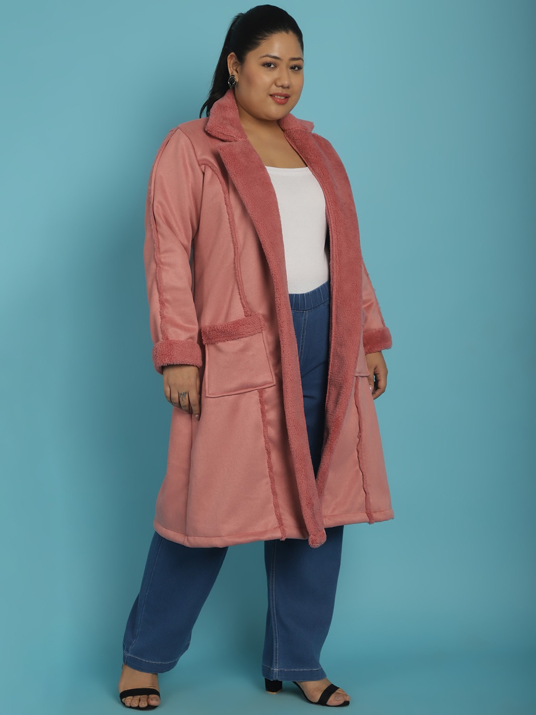 Women's Plus Size Pink Solid Color bonded Fur Longline Jacket