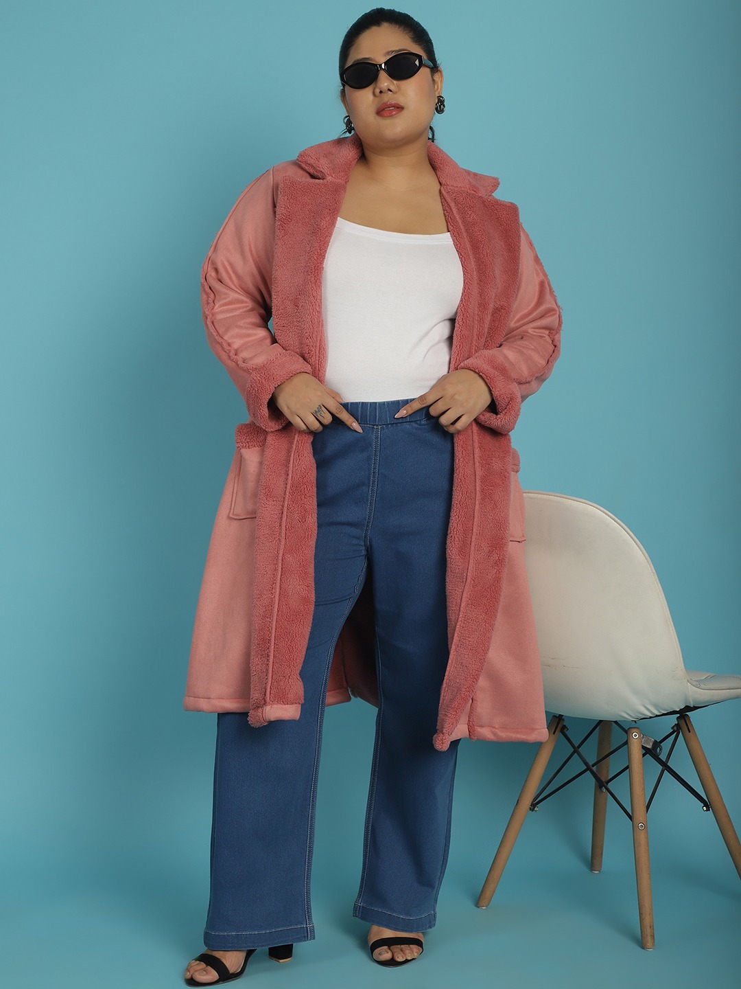 Women's Plus Size Pink Solid Color bonded Fur Longline Jacket
