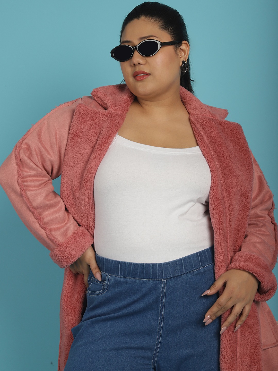Women's Plus Size Pink Solid Color bonded Fur Longline Jacket