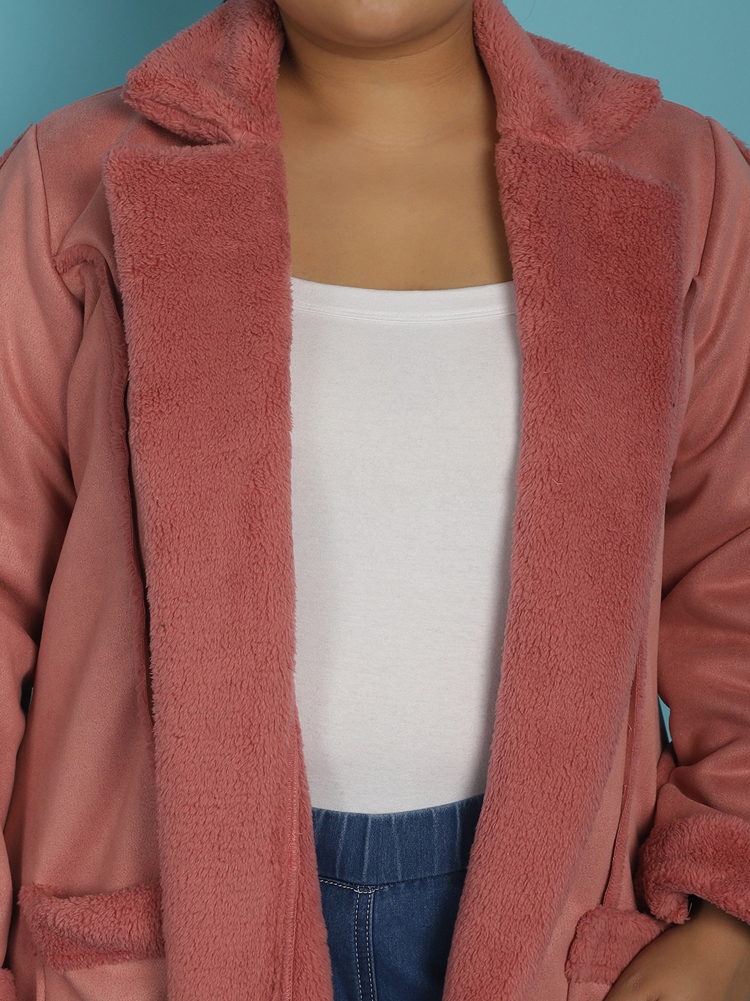 Women's Plus Size Pink Solid Color bonded Fur Longline Jacket