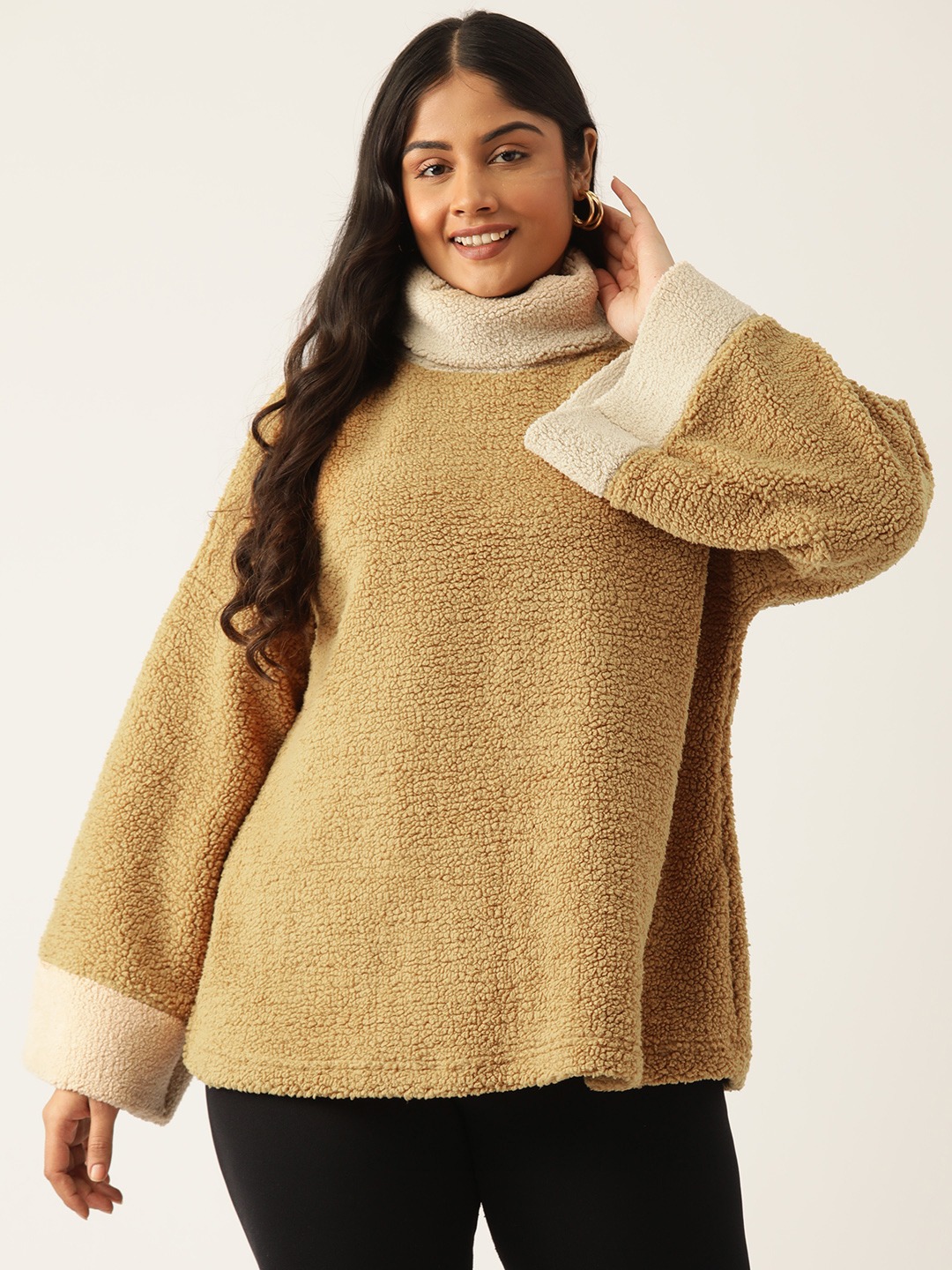 Women's Plus Size Camel Brown Solid Color Teddy Top