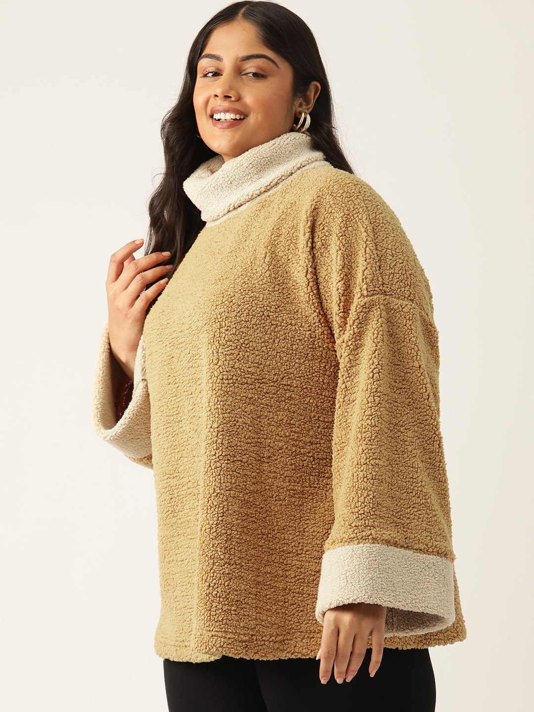 Women's Plus Size Camel Brown Solid Color Teddy Top