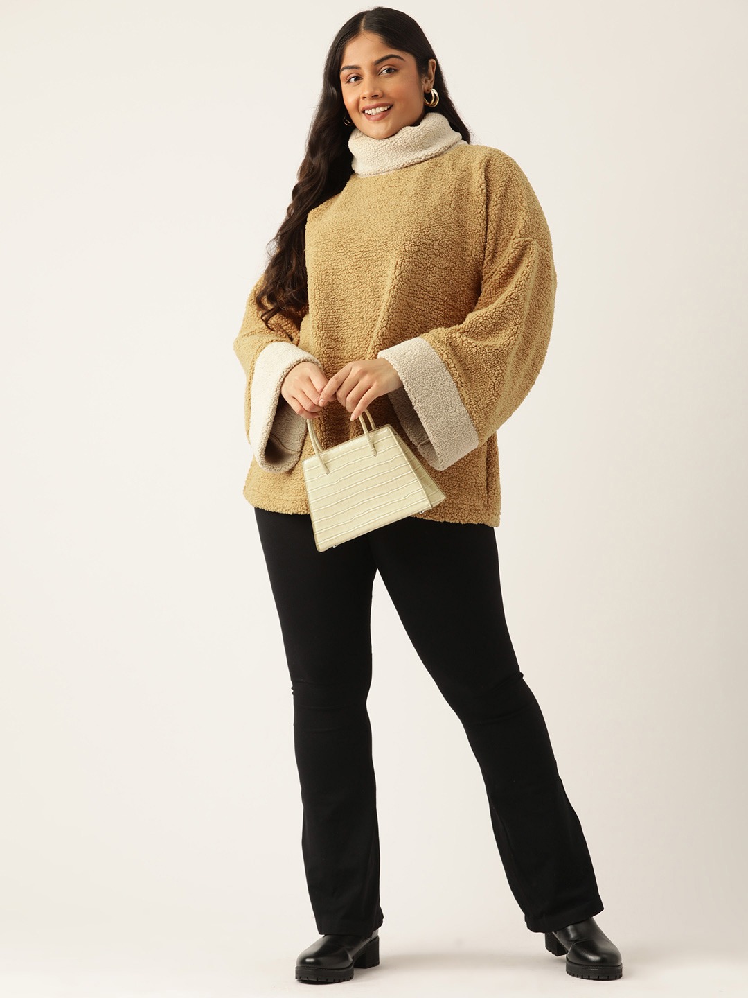Women's Plus Size Camel Brown Solid Color Teddy Top