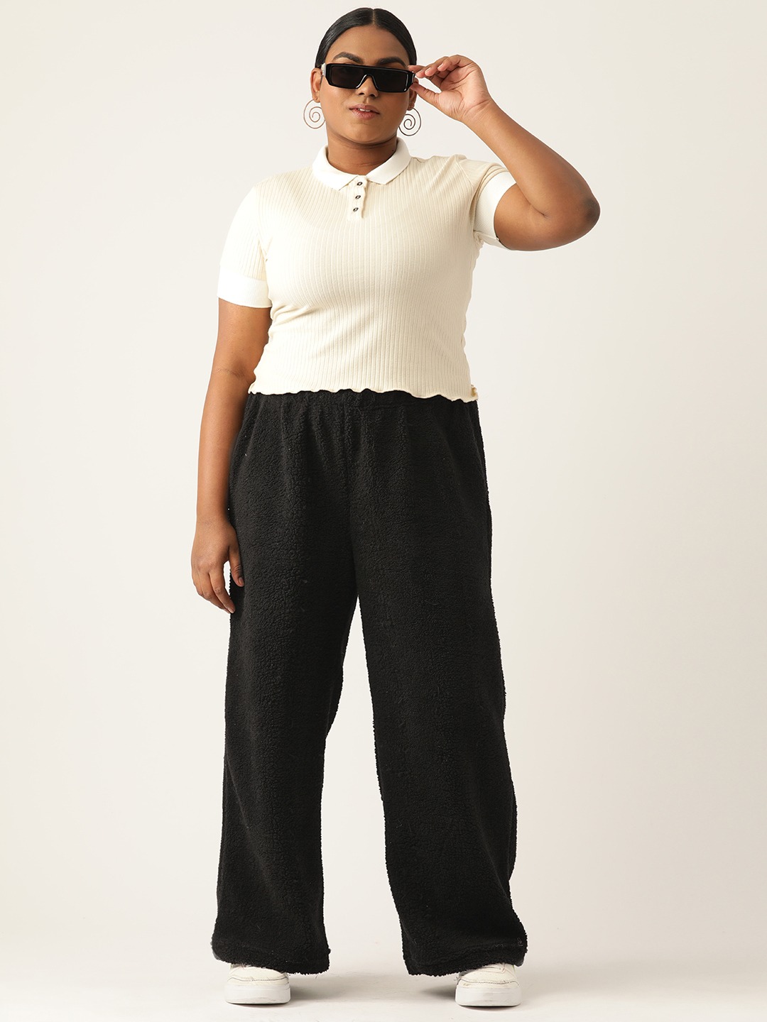 Women's Plus Size Black Solid Color Teddy Trouser