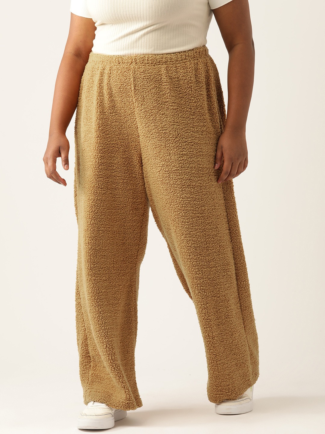 Women's Plus Size Camel Brown Solid Color Teddy Trouser