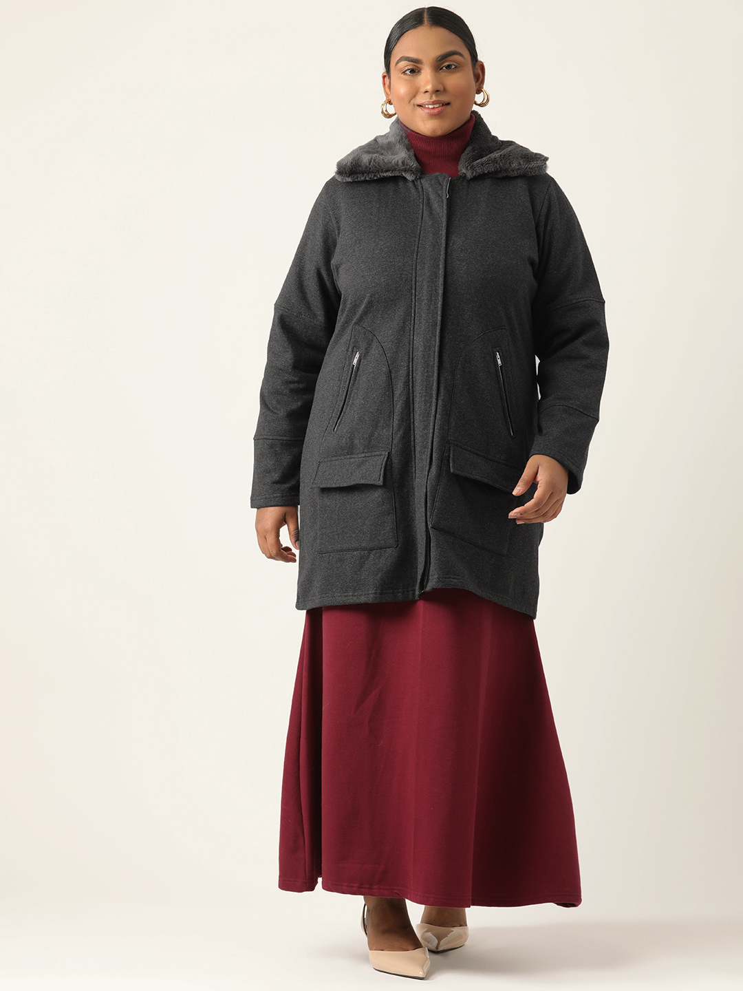 Women's Plus Size Charcoal Grey Solid Color Winter Fleece Jacket