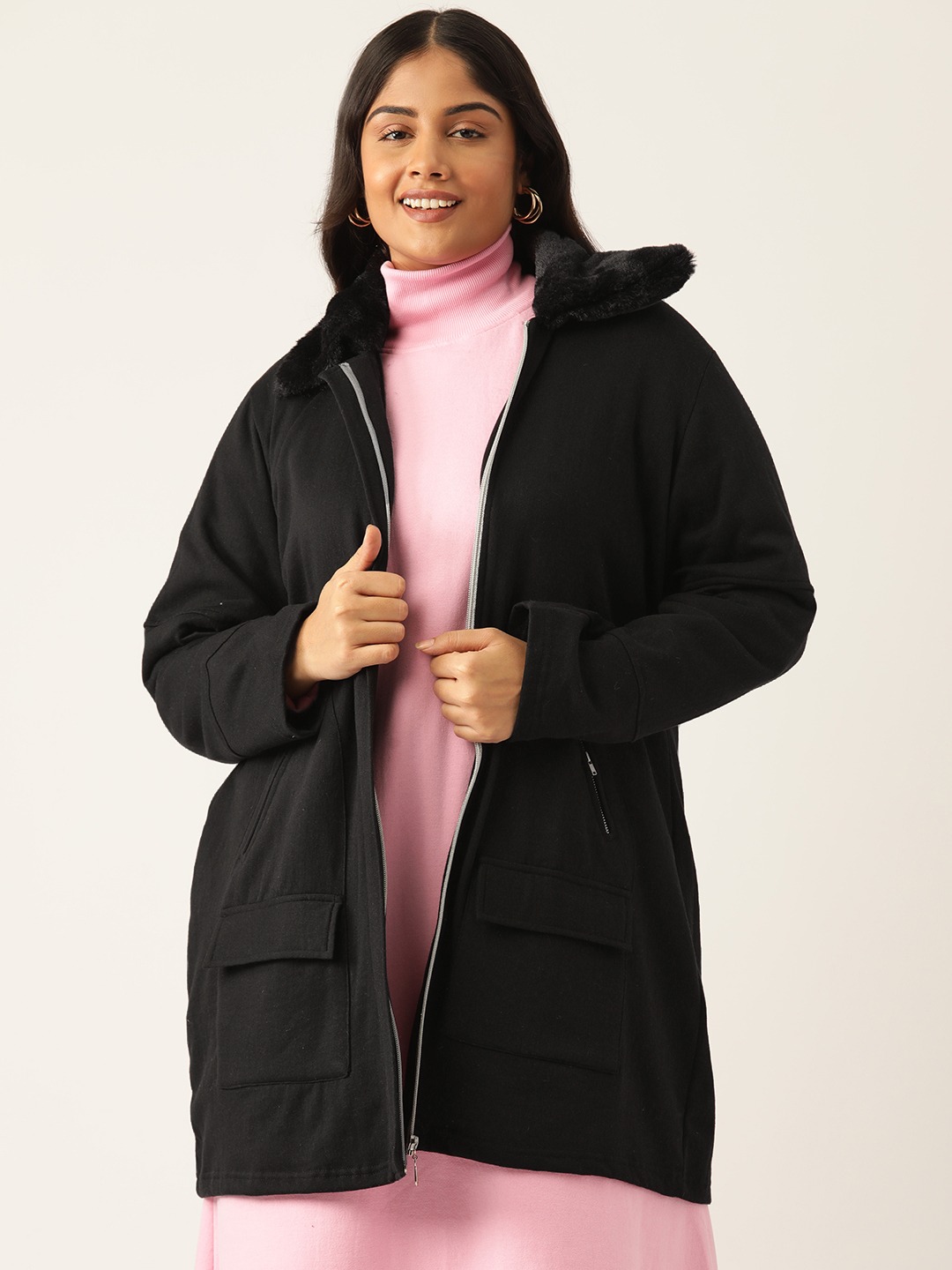 Women's Plus Size Black Solid Color Winter Fleece Jacket