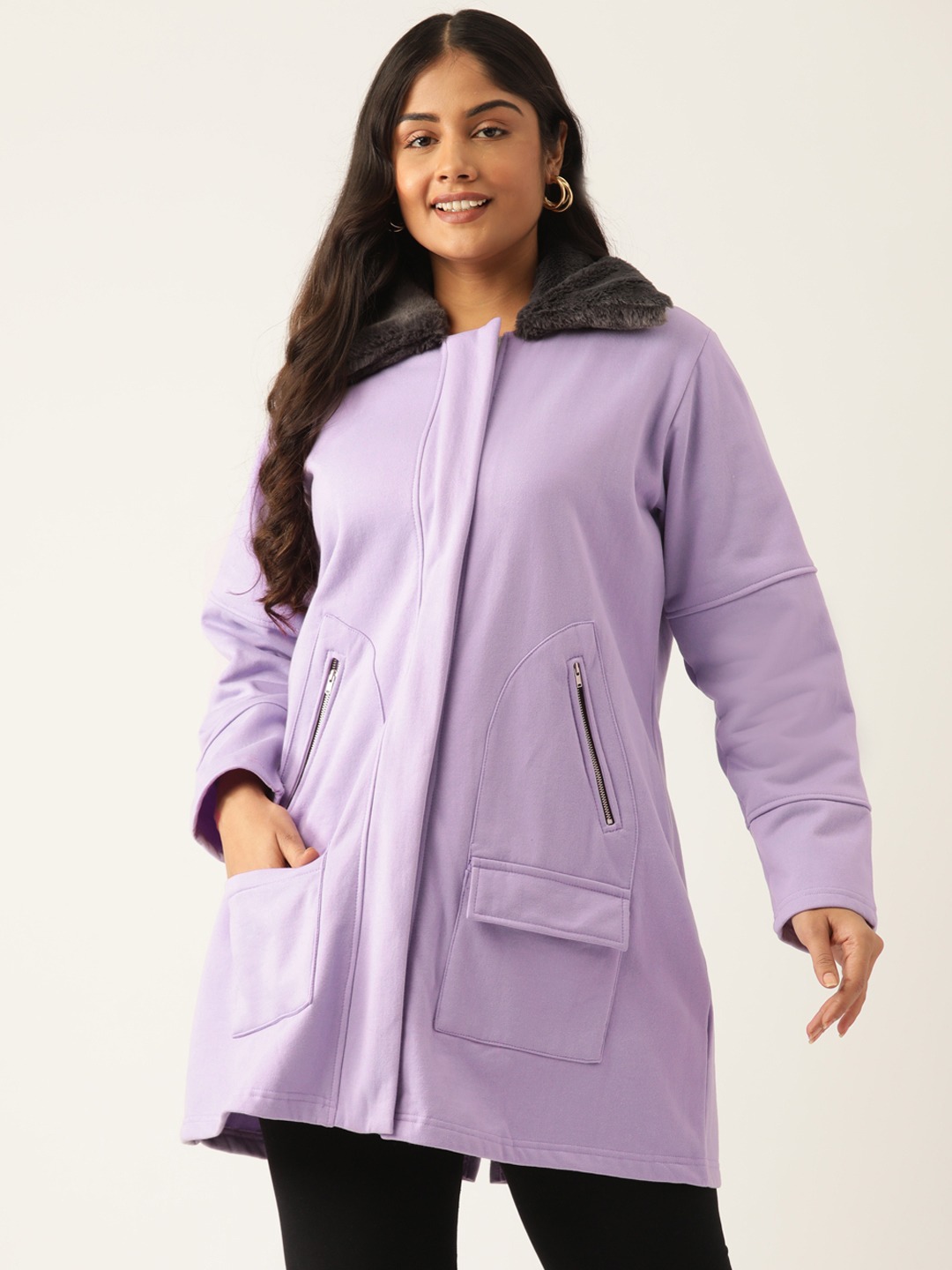 Women's Plus Size Lilac Solid Color Winter Fleece Jacket