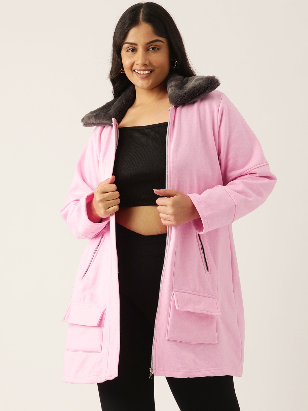 Women's Plus Size Light Pink Solid Color Winter Fleece Jacket