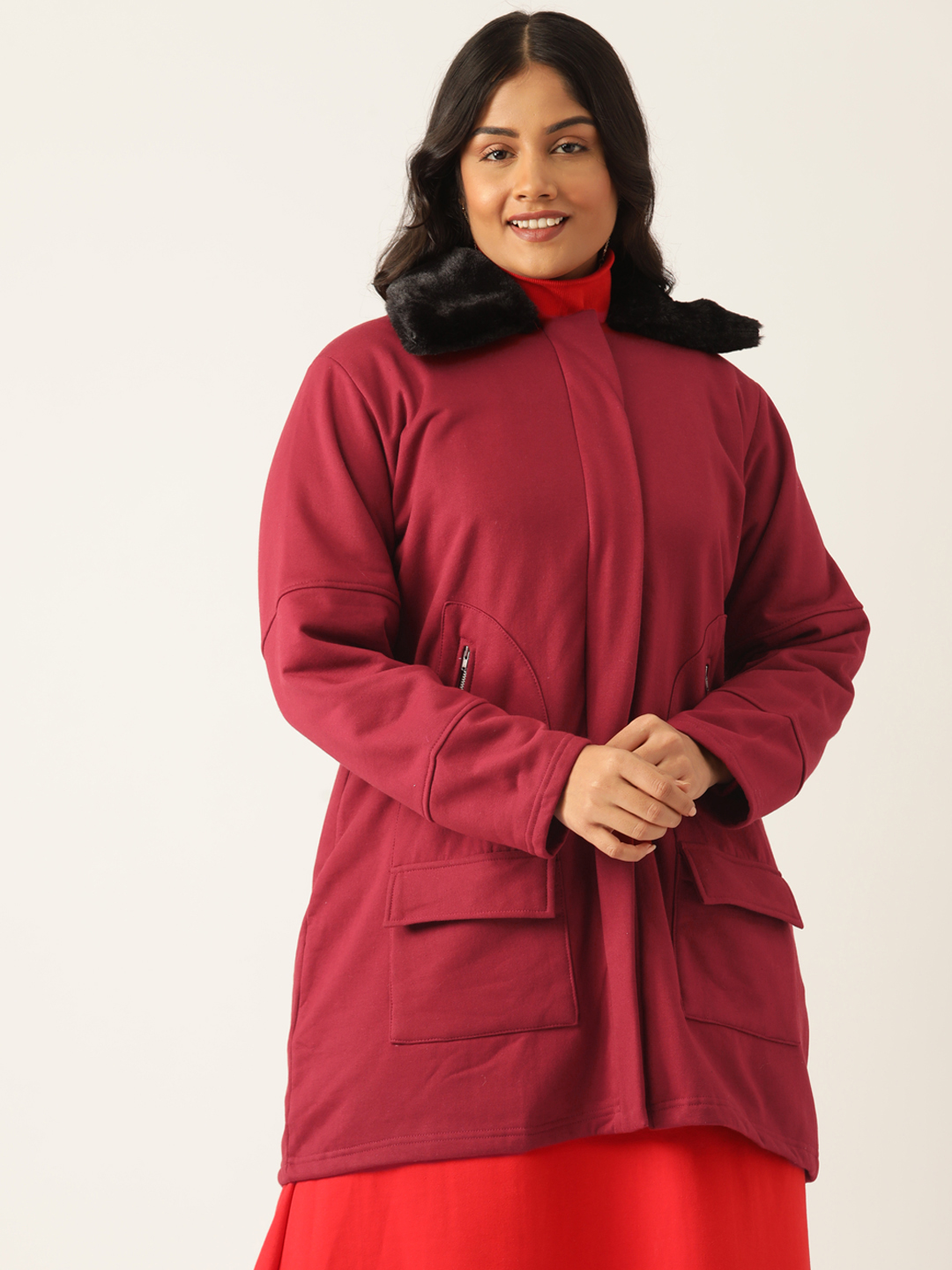 Women's Plus Size Maroon Solid Color Winter Fleece Jacket