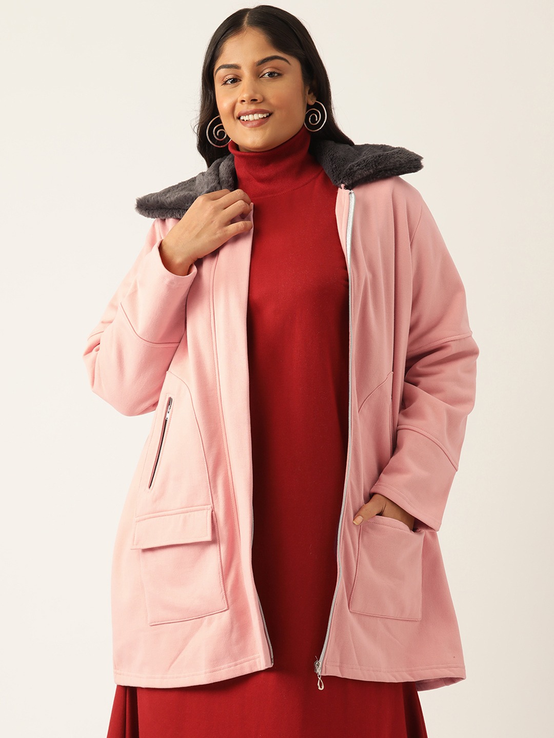 Women's Plus Size Pink Solid Color Winter Fleece Jacket