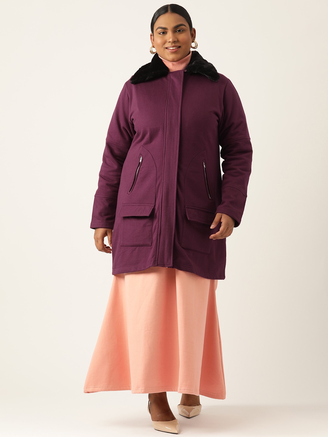 Women's Plus Size Plum Solid Color Winter Fleece Jacket