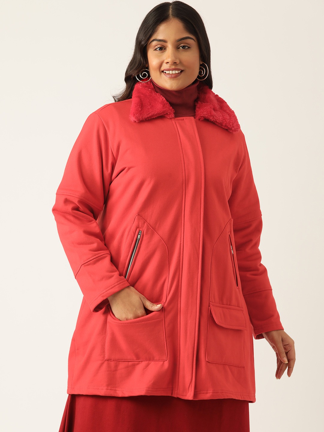 Women's Plus Size Red Solid Color Winter Fleece Jacket