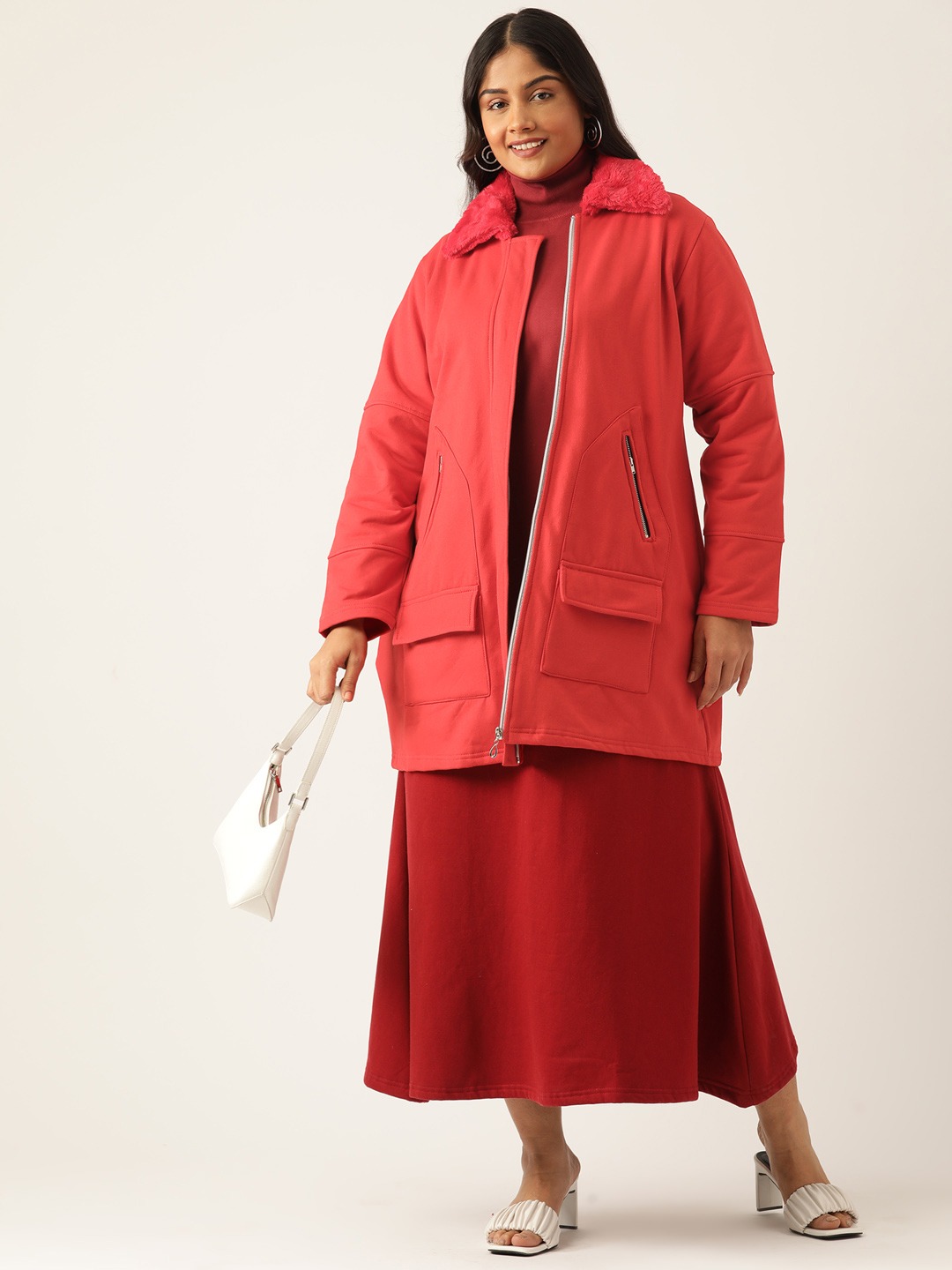 Women's Plus Size Red Solid Color Winter Fleece Jacket