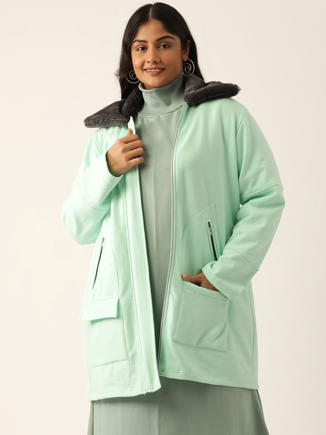Women's Plus Size Sea Green Solid Color Winter Fleece Jacket