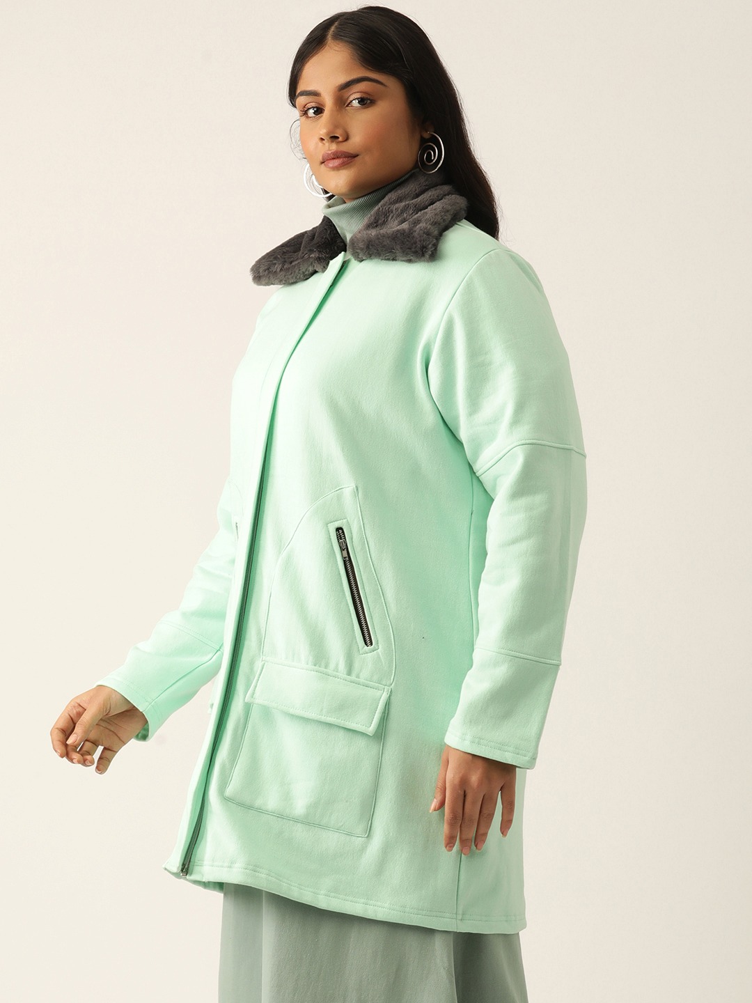 Women's Plus Size Sea Green Solid Color Winter Fleece Jacket