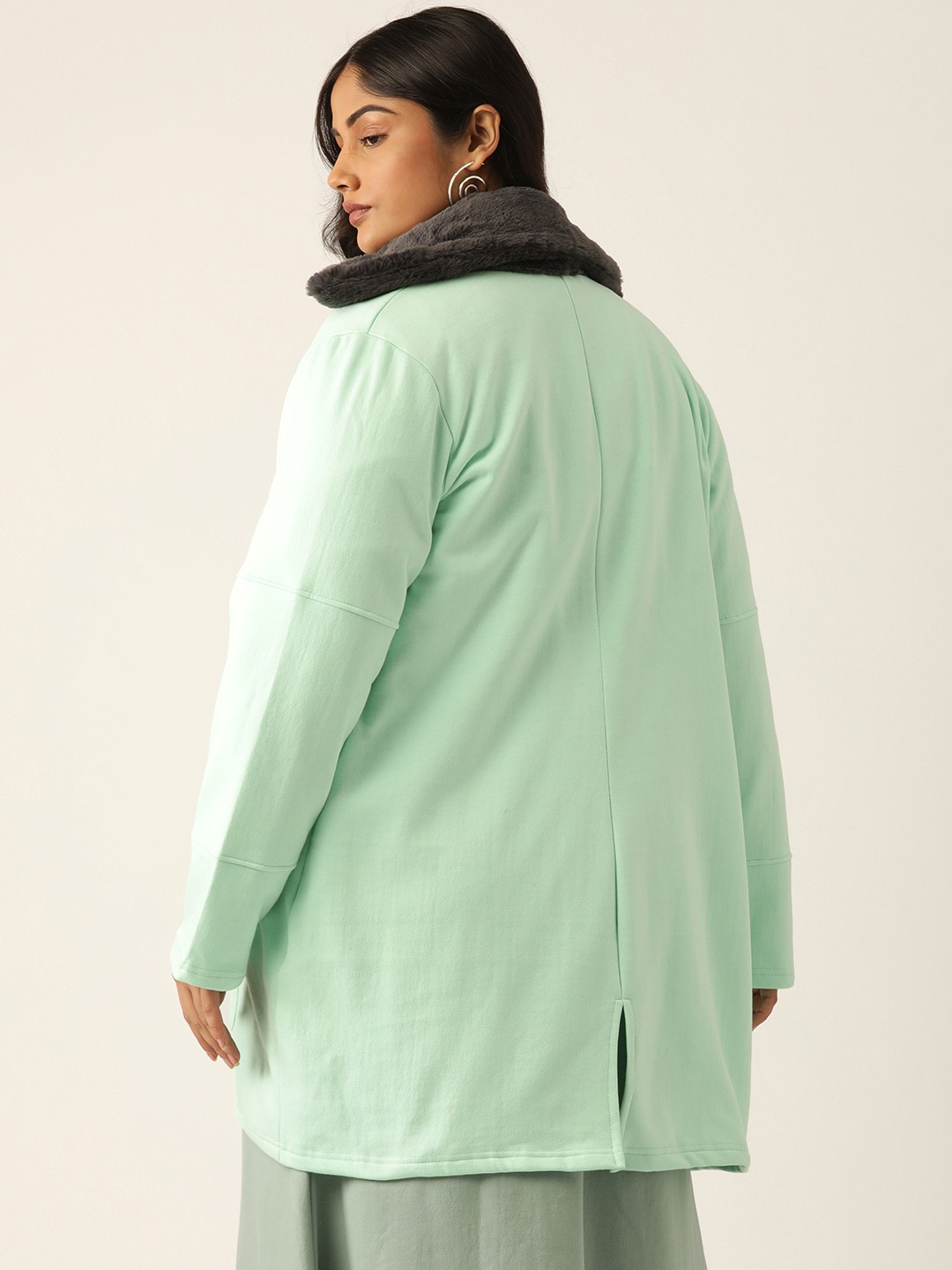 Women's Plus Size Sea Green Solid Color Winter Fleece Jacket