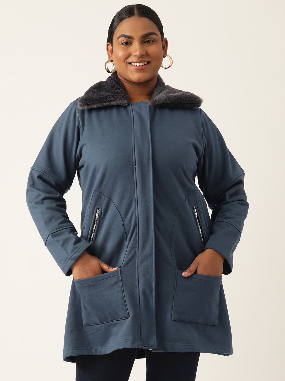 Women's Plus Size Teal Solid Color Winter Fleece Jacket